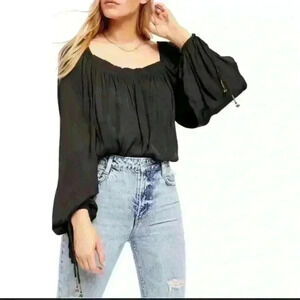Free People Womens Black Knit Square Neck Long Balloon Sleeve Crop Top Sz  S